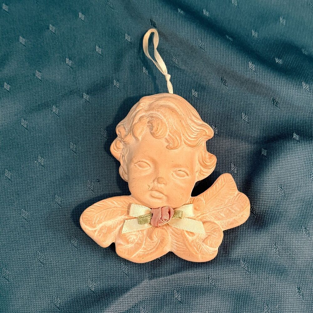 Vintage Scioto 1987 Cherub Angel Ornament Ceramic Wings Pink Rose Wall Hanging